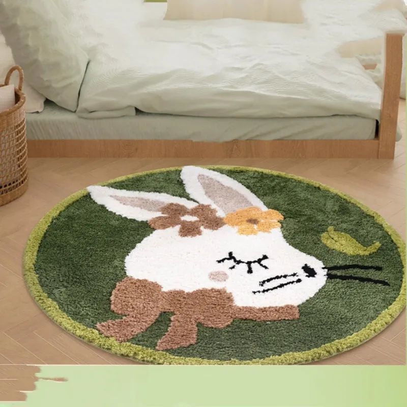 Round children's carpet with rabbit print, polyester, 80cm diameter, anti-slip, forest green