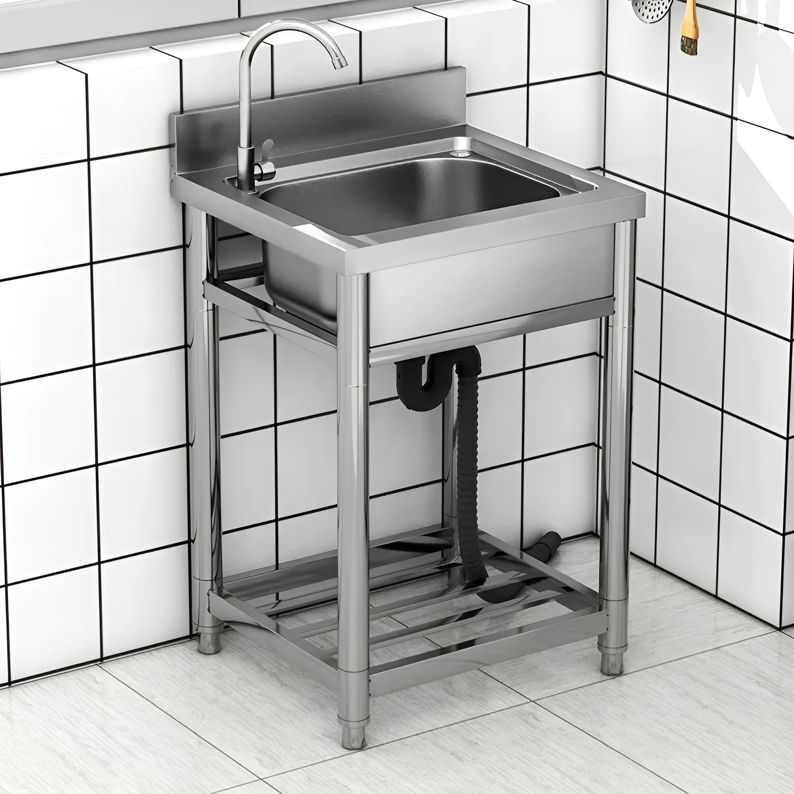 Thickened stainless steel vegetable washing basin with brushed finish and deep groove reinforcement, single sink design