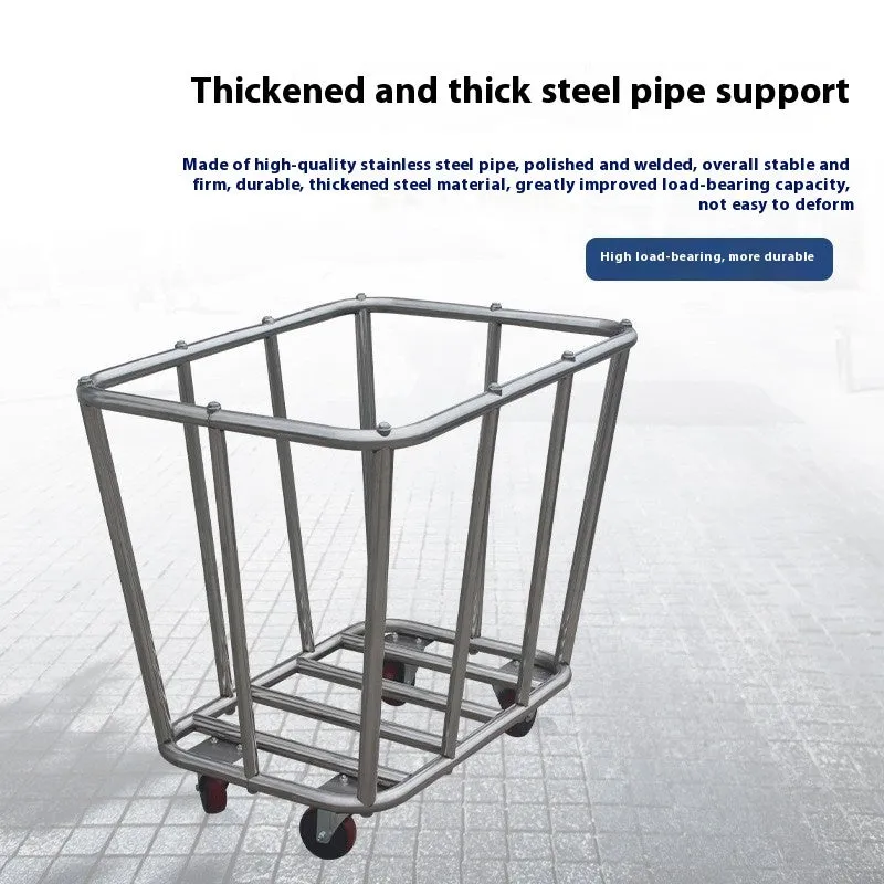 Stainless steel hotel linen trolley with blue bag and multiple tubes for housekeeping use