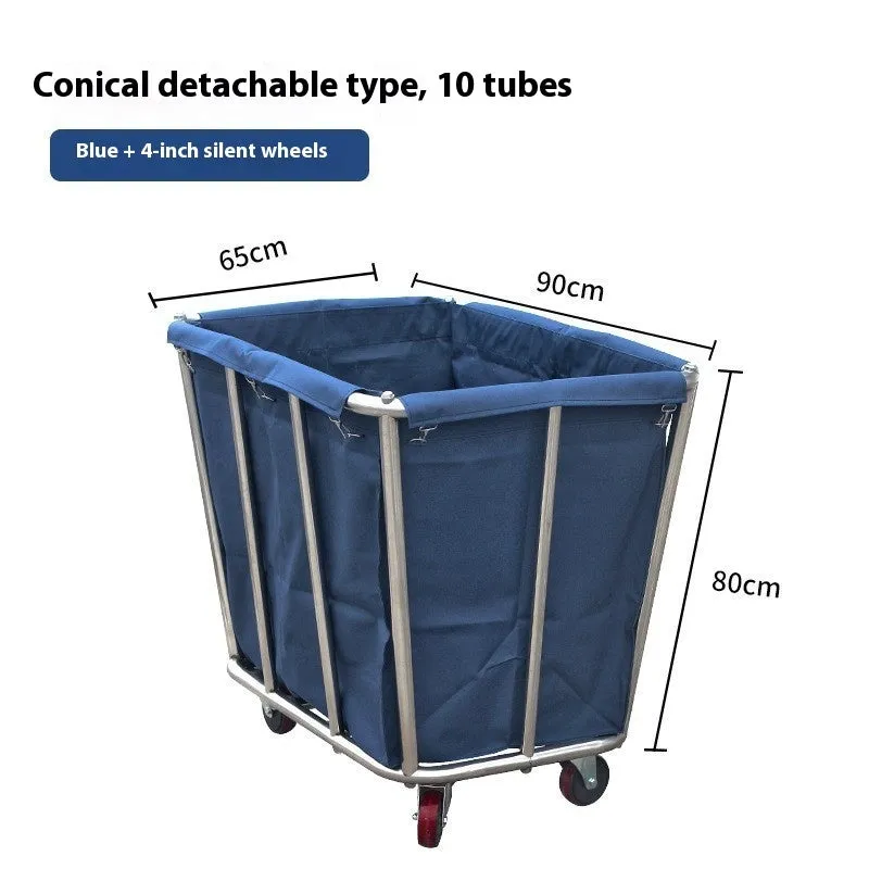 Stainless steel hotel linen trolley with blue bag and multiple tubes for housekeeping use