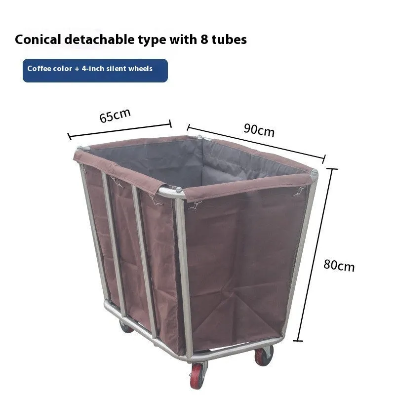 Stainless steel hotel linen trolley with blue bag and multiple tubes for housekeeping use