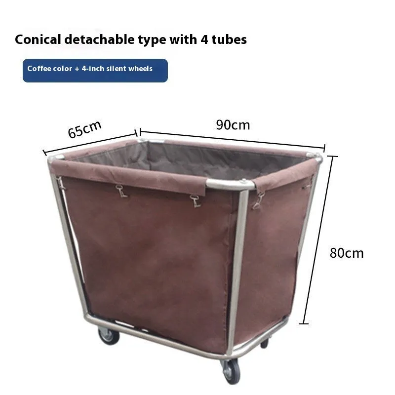 Stainless steel hotel linen trolley with blue bag and multiple tubes for housekeeping use