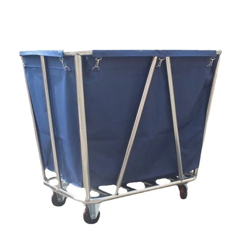 Stainless steel hotel linen trolley with blue bag and multiple tubes for housekeeping use