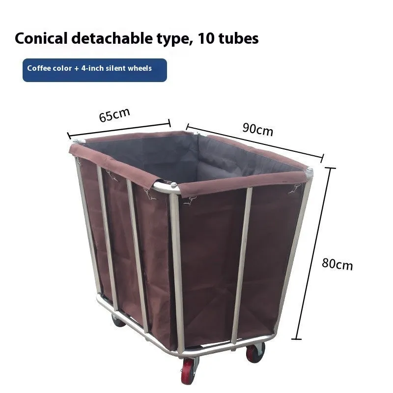 Stainless steel hotel linen trolley with blue bag and multiple tubes for housekeeping use