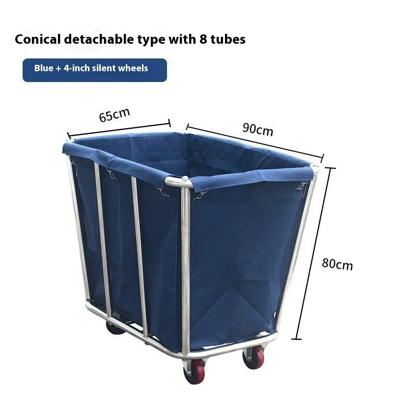 Stainless steel hotel linen trolley with blue bag and multiple tubes for housekeeping use