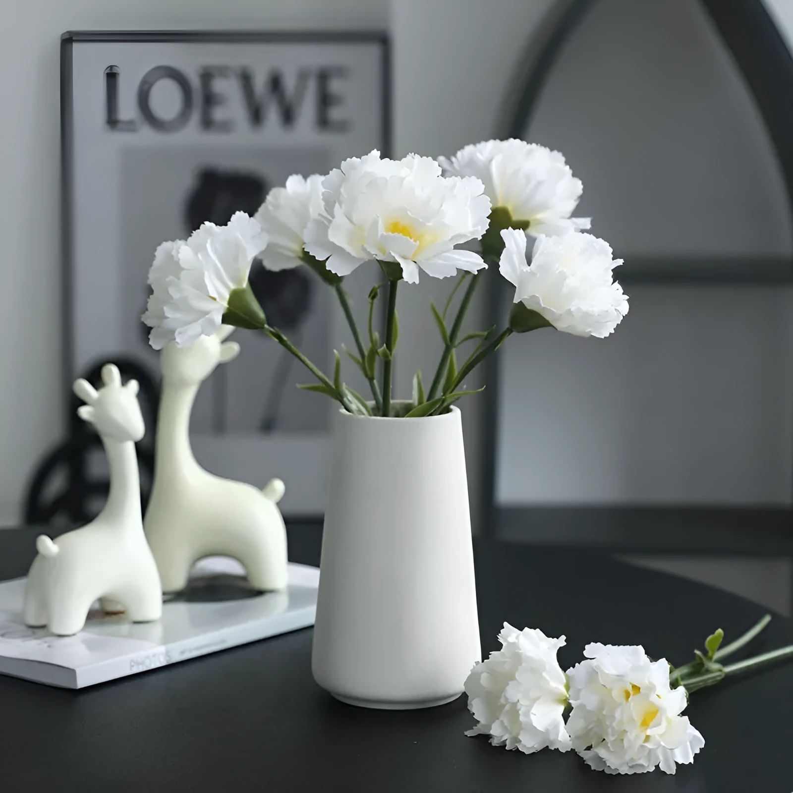 Artificial carnation flower with silk petals on soft rubber base in four colour options