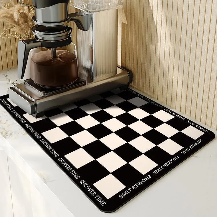 Square 60x90 cm rubber kitchen draining pad in blue checked pattern on countertop