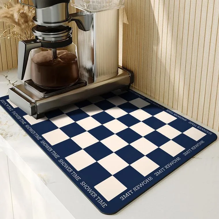Square 60x90 cm rubber kitchen draining pad in blue checked pattern on countertop