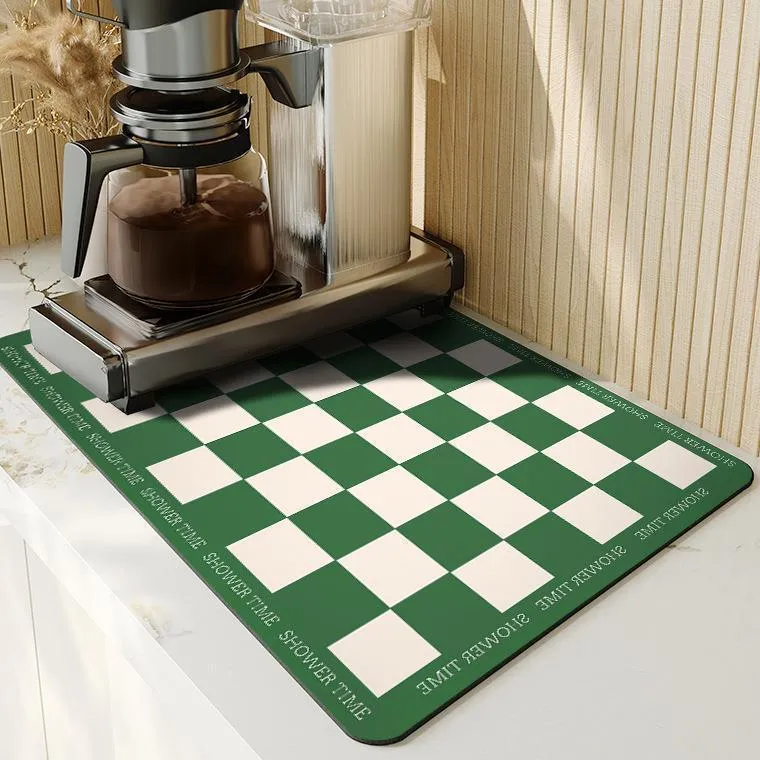 Square 60x90 cm rubber kitchen draining pad in blue checked pattern on countertop