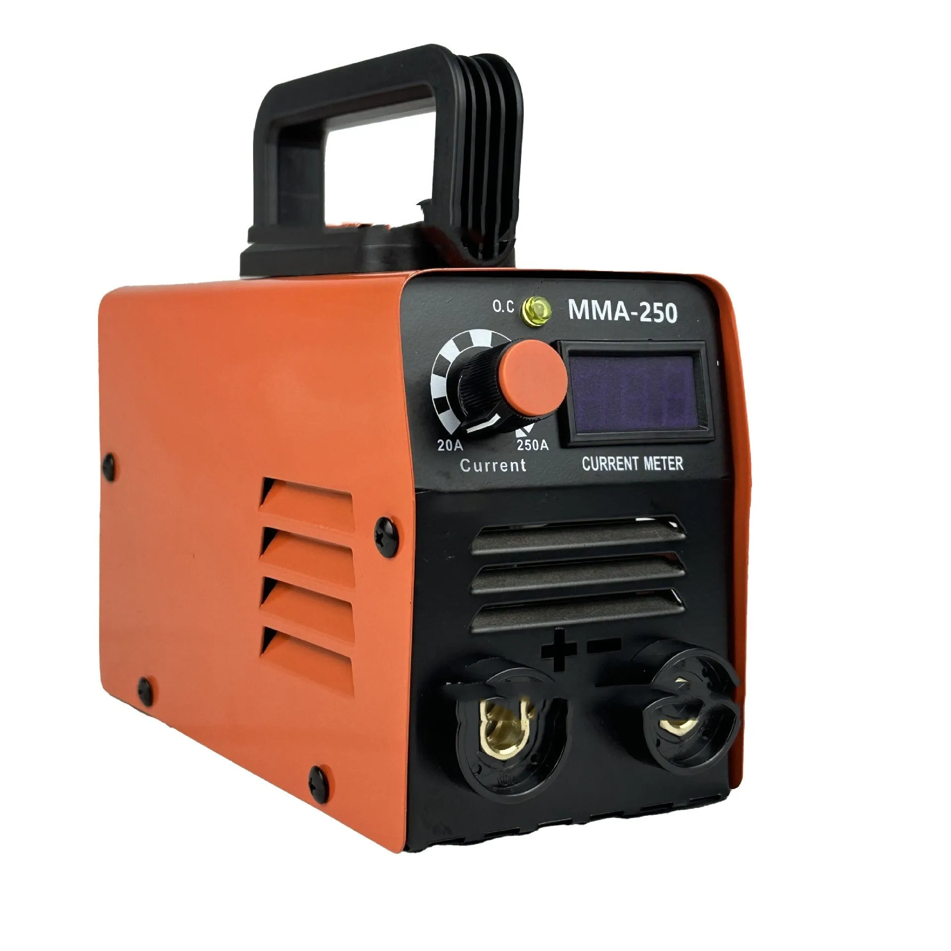 Portable MMA-250 style 110V welding machine with mask, hammer, gloves, and cables.