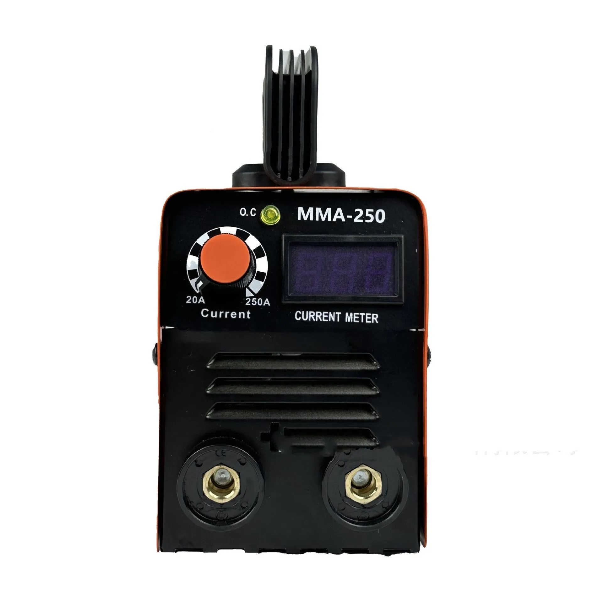 Portable MMA-250 style 110V welding machine with mask, hammer, gloves, and cables.