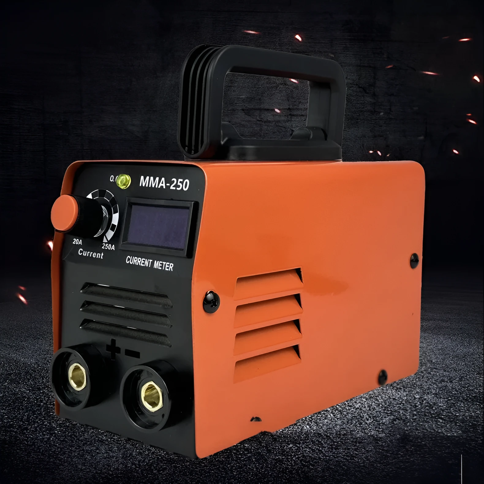 Portable MMA-250 style 110V welding machine with mask, hammer, gloves, and cables.