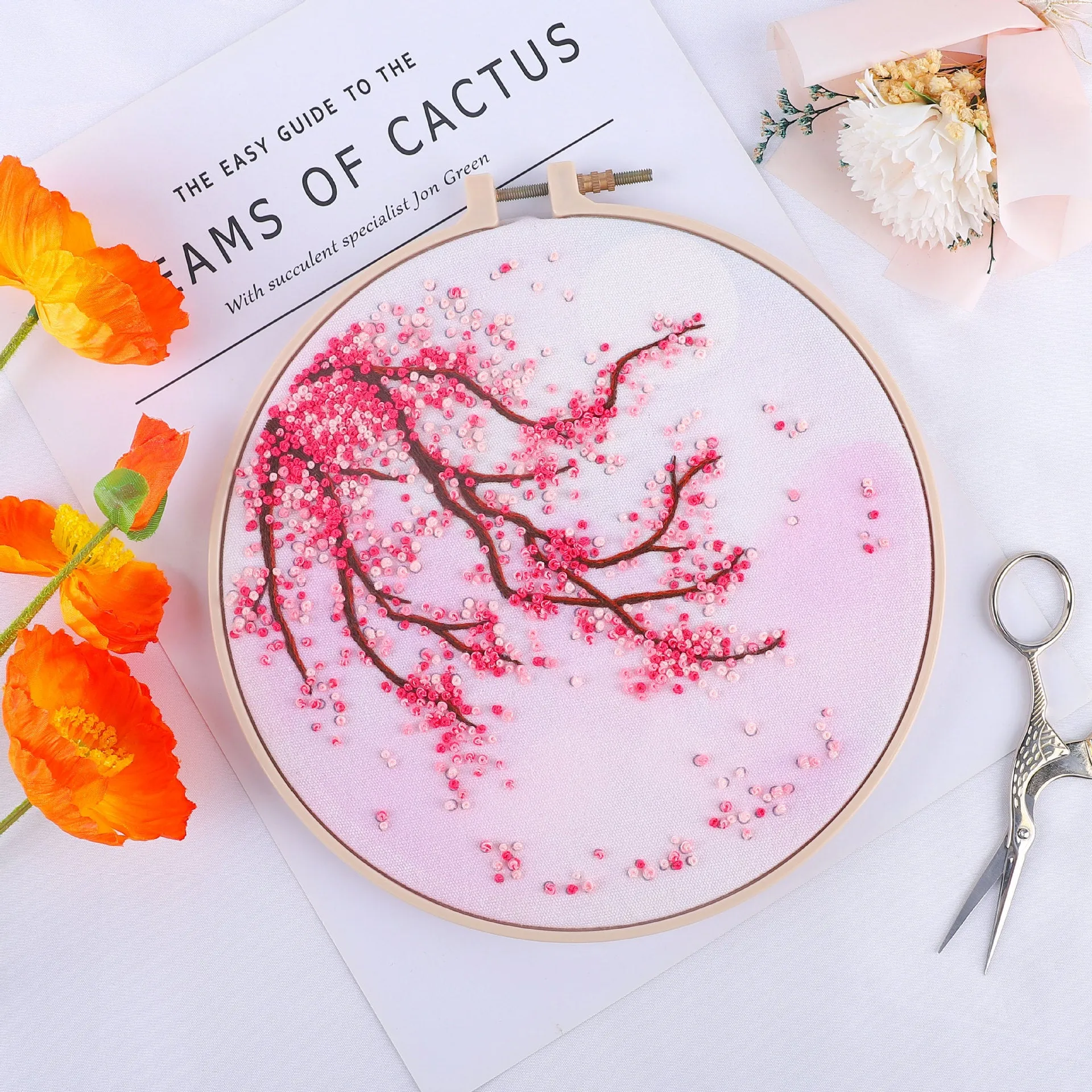 Nordic style embroidery fabric with grass leaf pattern on white canvas for beginner craft projects