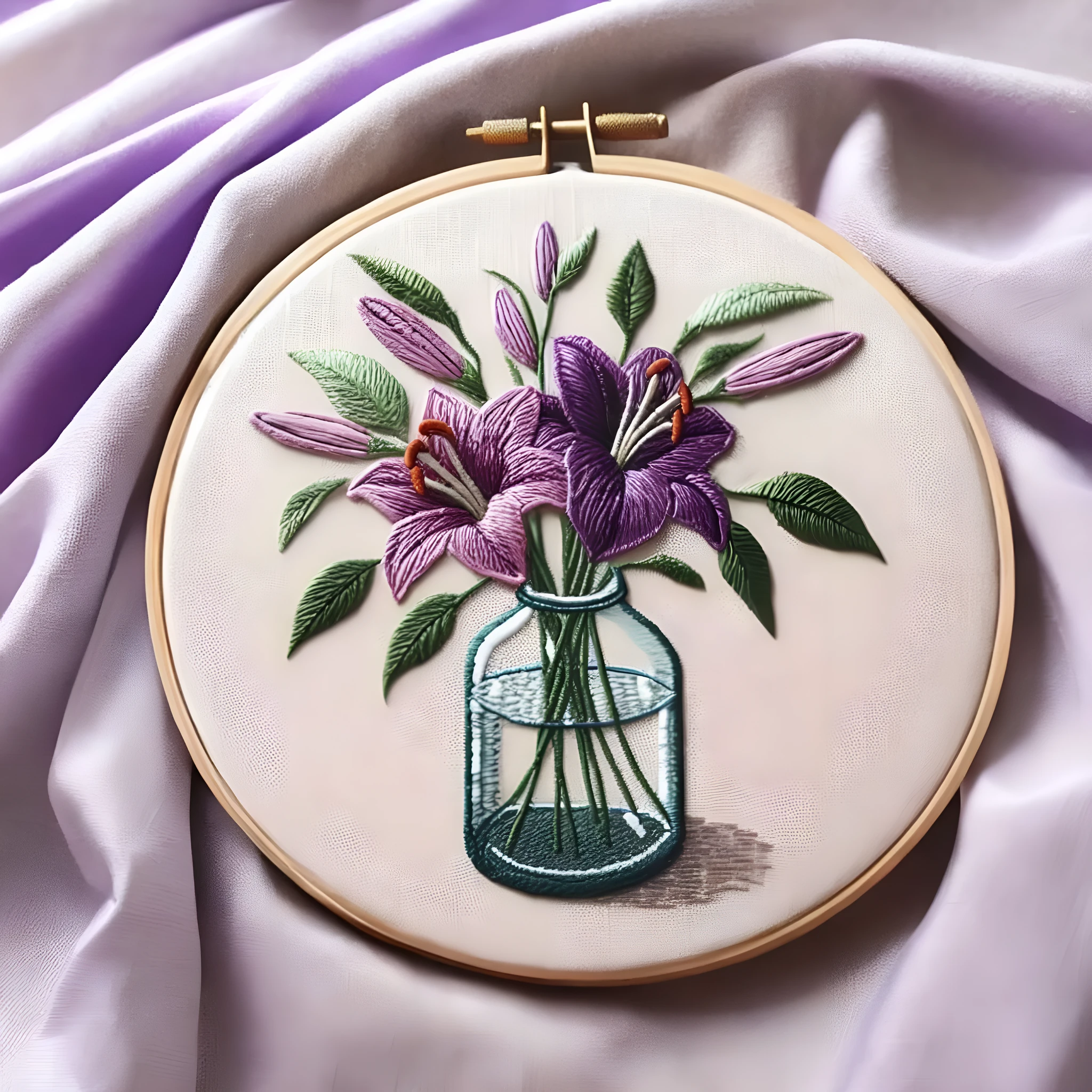 Purple lily flower embroidery on 28x28cm cotton linen fabric with imitation bamboo stand