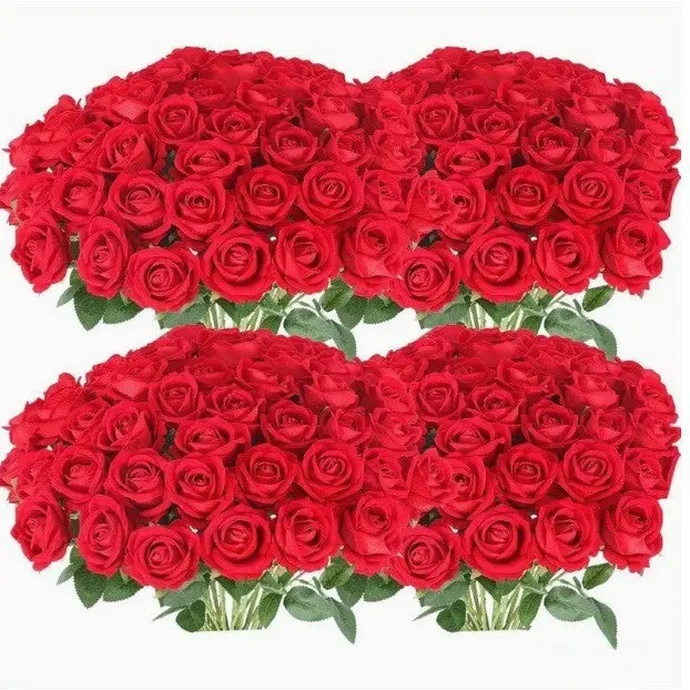 Red artificial silk flower bouquet with plastic stems for home decoration