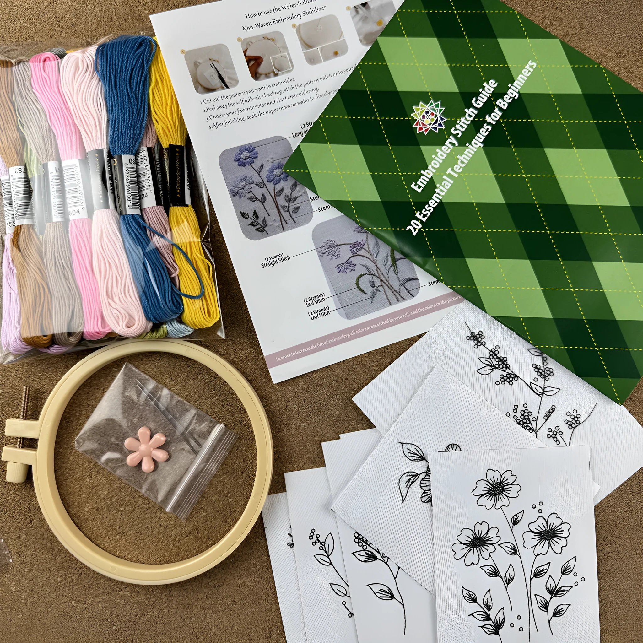 Handmade embroidery material package with water-soluble non-woven fabric, Nordic style pattern, compact packing size 18.5x23x2 cm