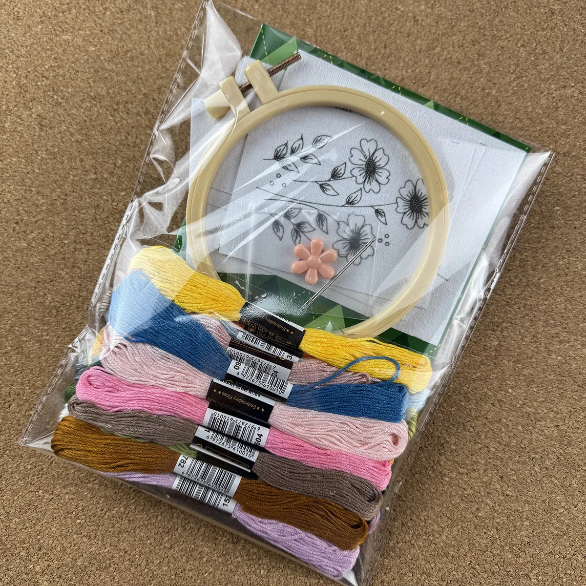 Handmade embroidery material package with water-soluble non-woven fabric, Nordic style pattern, compact packing size 18.5x23x2 cm