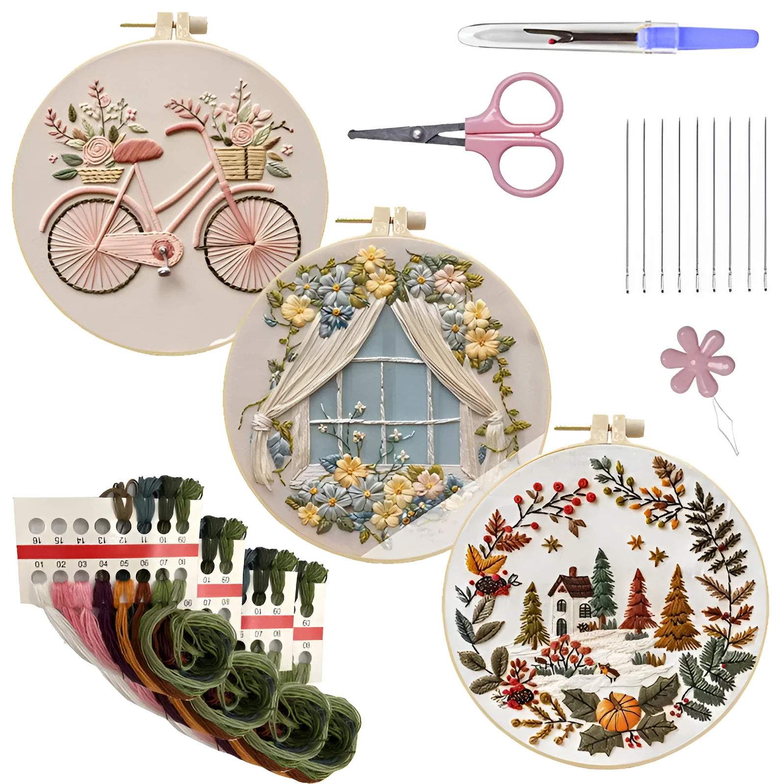 15cm winter house embroidery kit with cotton-linen fabric, bamboo frame, scissors, ripper and threader tools