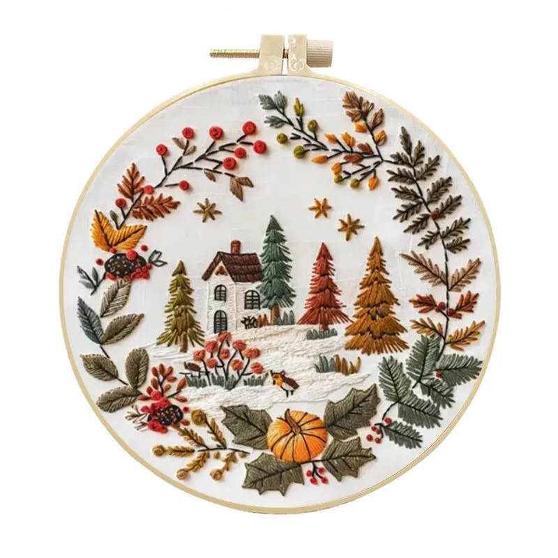 15cm winter house embroidery kit with cotton-linen fabric, bamboo frame, scissors, ripper and threader tools