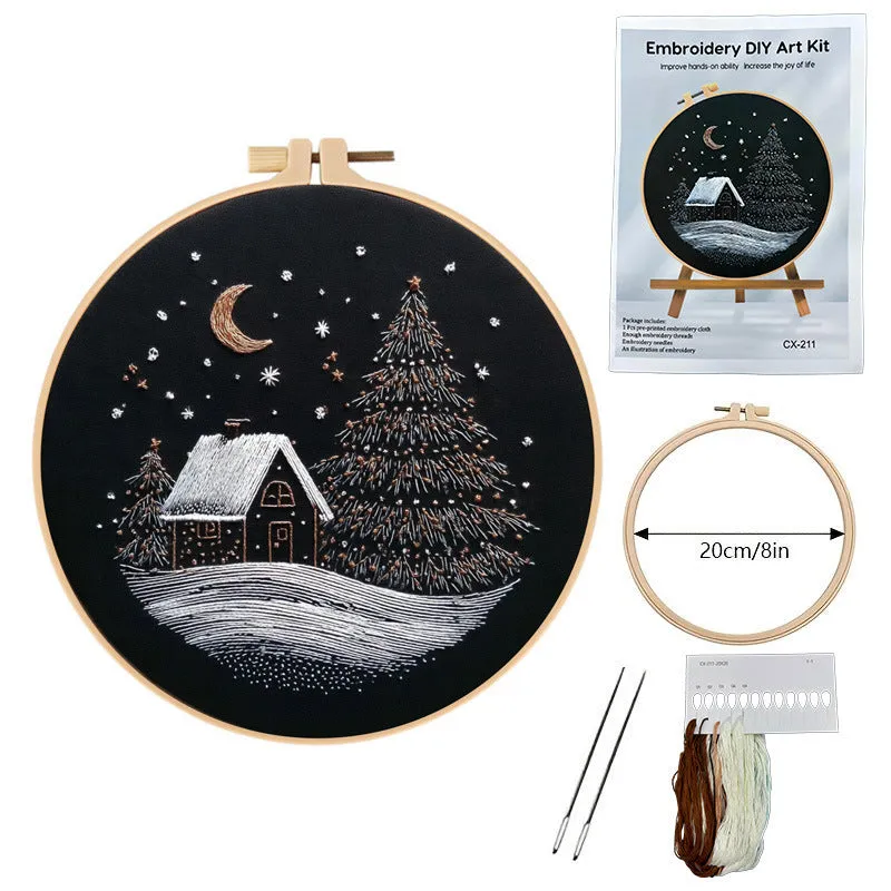 Christmas snow house embroidery fabric kit 28x28cm cotton linen modern simplicity landscape pattern