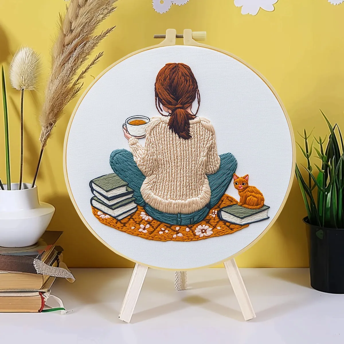 Sunflower egg flower embroidery material kit with handmade embroidery piece in cute style