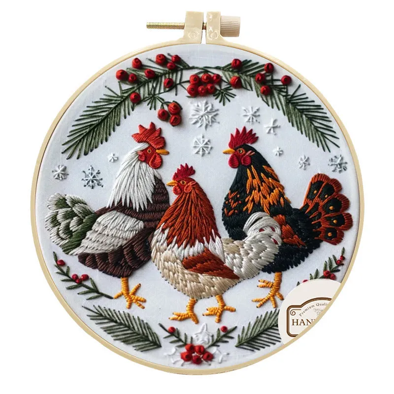 Embroidery kit with 15cm bamboo frame, pink scissors, thread remover, and three chickens cartoon anime design on cotton linen fabric