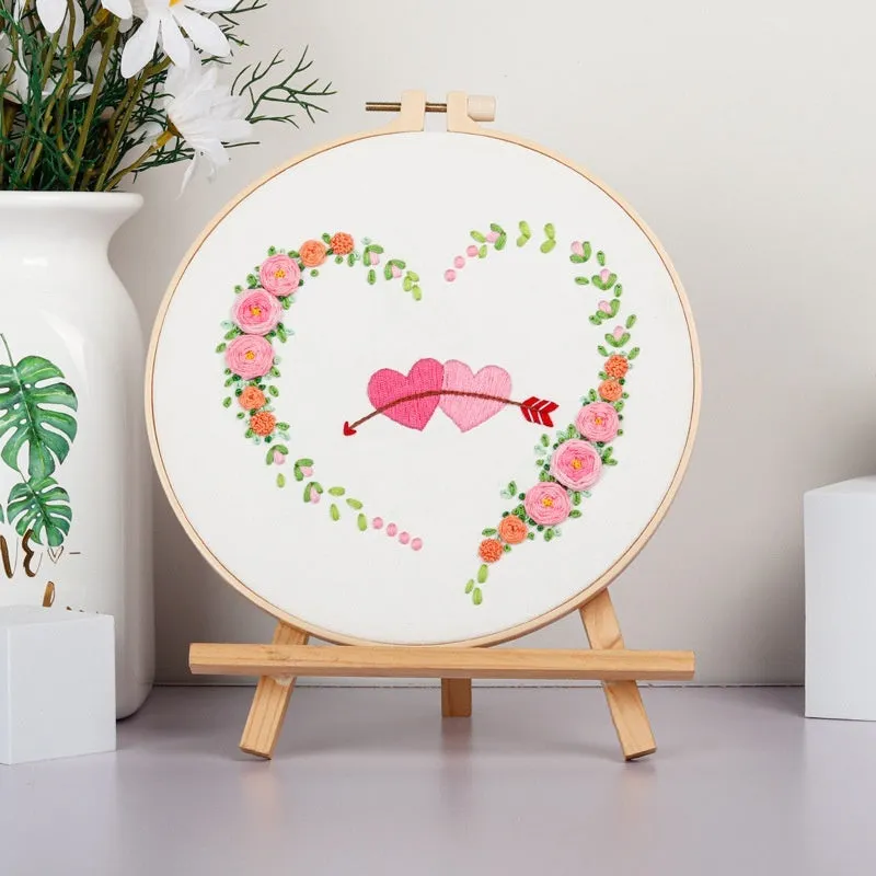 DIY embroidery kit with heart-to-heart love design on cotton cloth, 20cm bamboo taboret frame, Nordic style, Valentine's Day craft