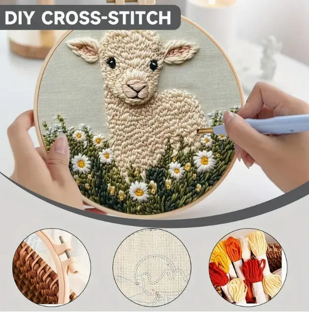 Sheep embroidery pin punch start-up process suit with cloth material and pastoral design