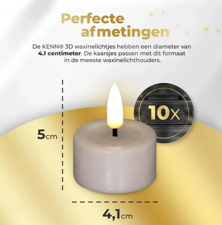 Taupe-coloured S10 model 3D flame LED tealight candle showing its flickering light effect.