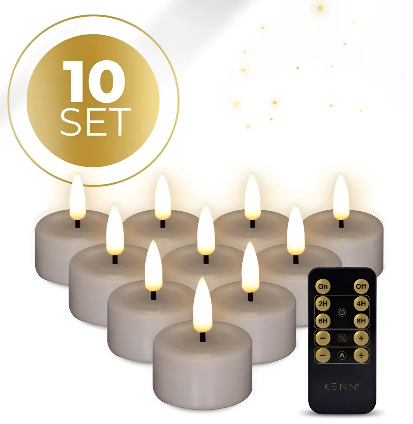 Taupe-coloured S10 model 3D flame LED tealight candle showing its flickering light effect.