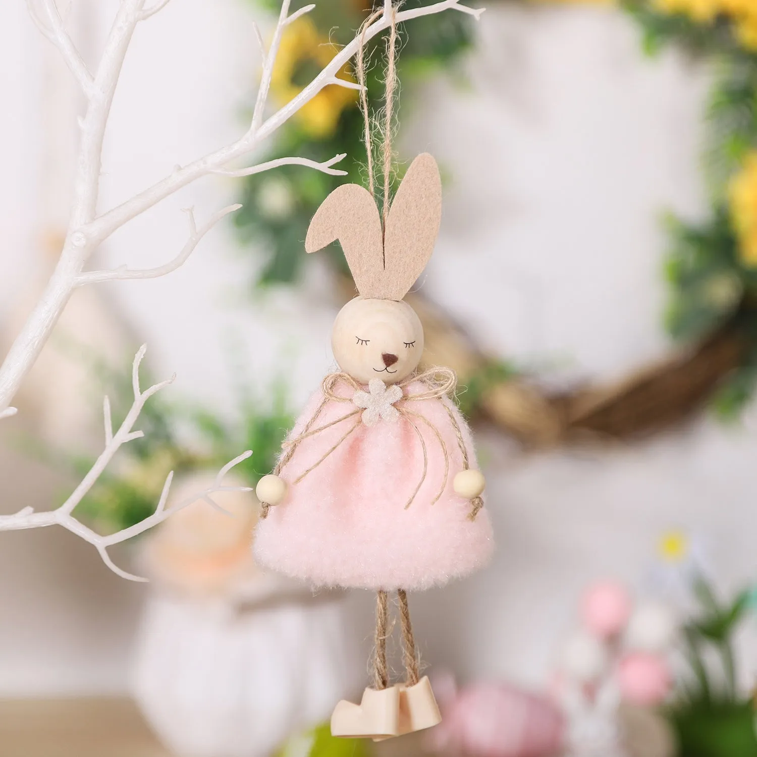 Easter cloth rabbit hanging decoration 18cm in four colour options on a white background