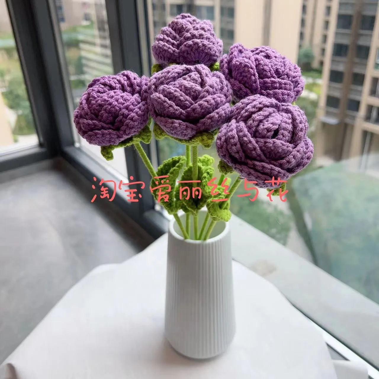 Artificial silk rose bouquet with blue gradient wool-weave petals on a single stem.