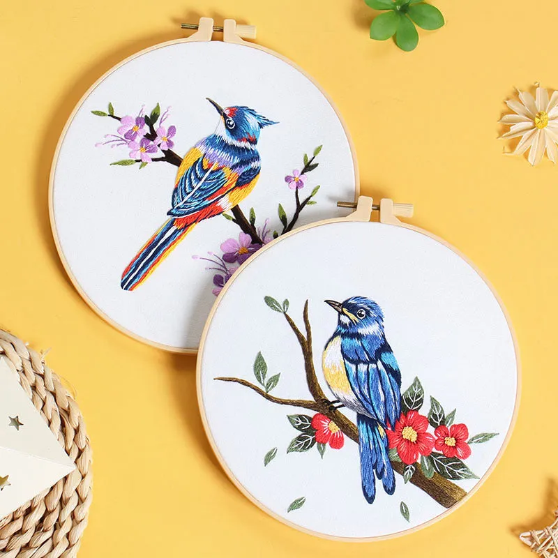 Flower and bird hanging painting embroidery DIY kit with chintz fabric, threader, scissors, and 20cm bamboo frame