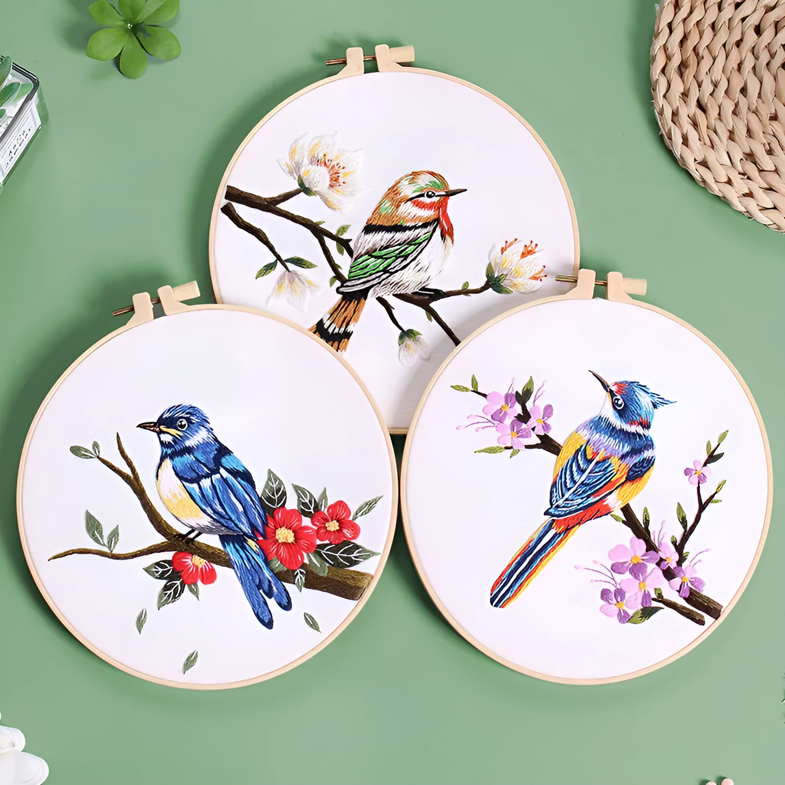 Flower and bird hanging painting embroidery DIY kit with chintz fabric, threader, scissors, and 20cm bamboo frame