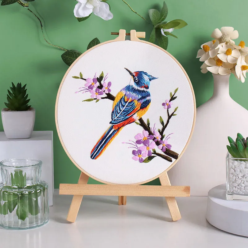 Flower and bird hanging painting embroidery DIY kit with chintz fabric, threader, scissors, and 20cm bamboo frame
