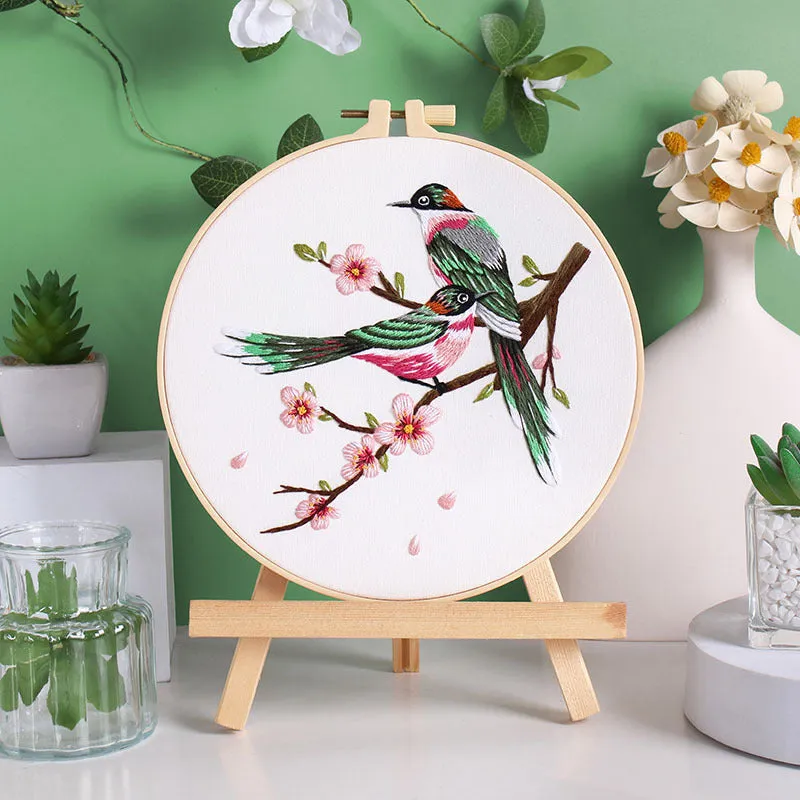 Flower and bird hanging painting embroidery DIY kit with chintz fabric, threader, scissors, and 20cm bamboo frame