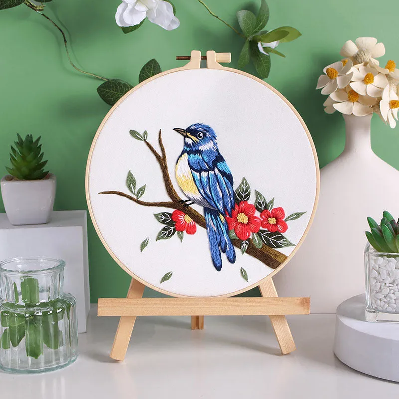 Flower and bird hanging painting embroidery DIY kit with chintz fabric, threader, scissors, and 20cm bamboo frame