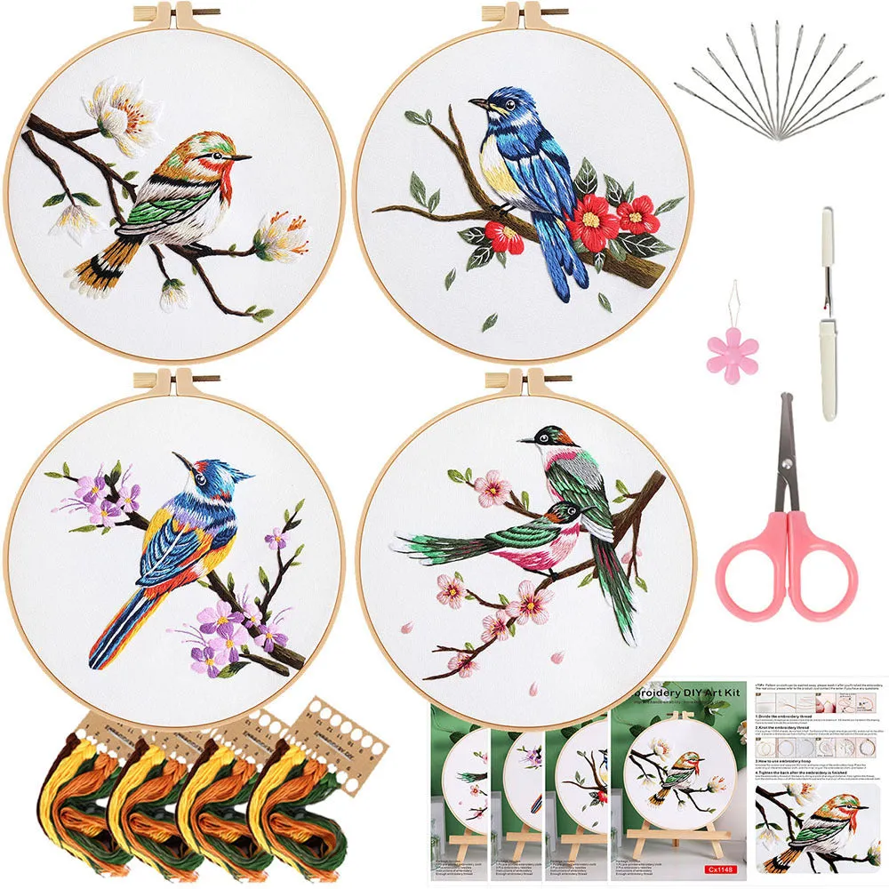 Flower and bird hanging painting embroidery DIY kit with chintz fabric, threader, scissors, and 20cm bamboo frame