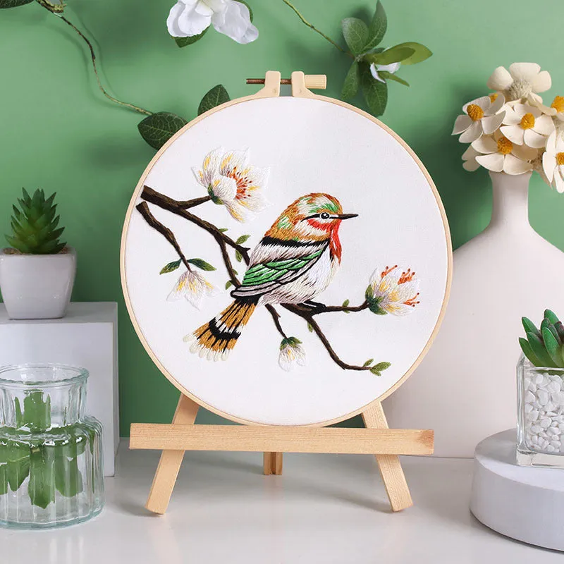 Flower and bird hanging painting embroidery DIY kit with chintz fabric, threader, scissors, and 20cm bamboo frame