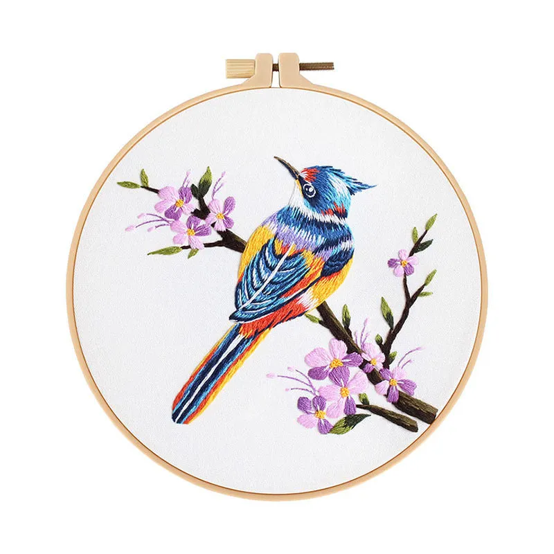 Flower and bird hanging painting embroidery DIY kit with chintz fabric, threader, scissors, and 20cm bamboo frame