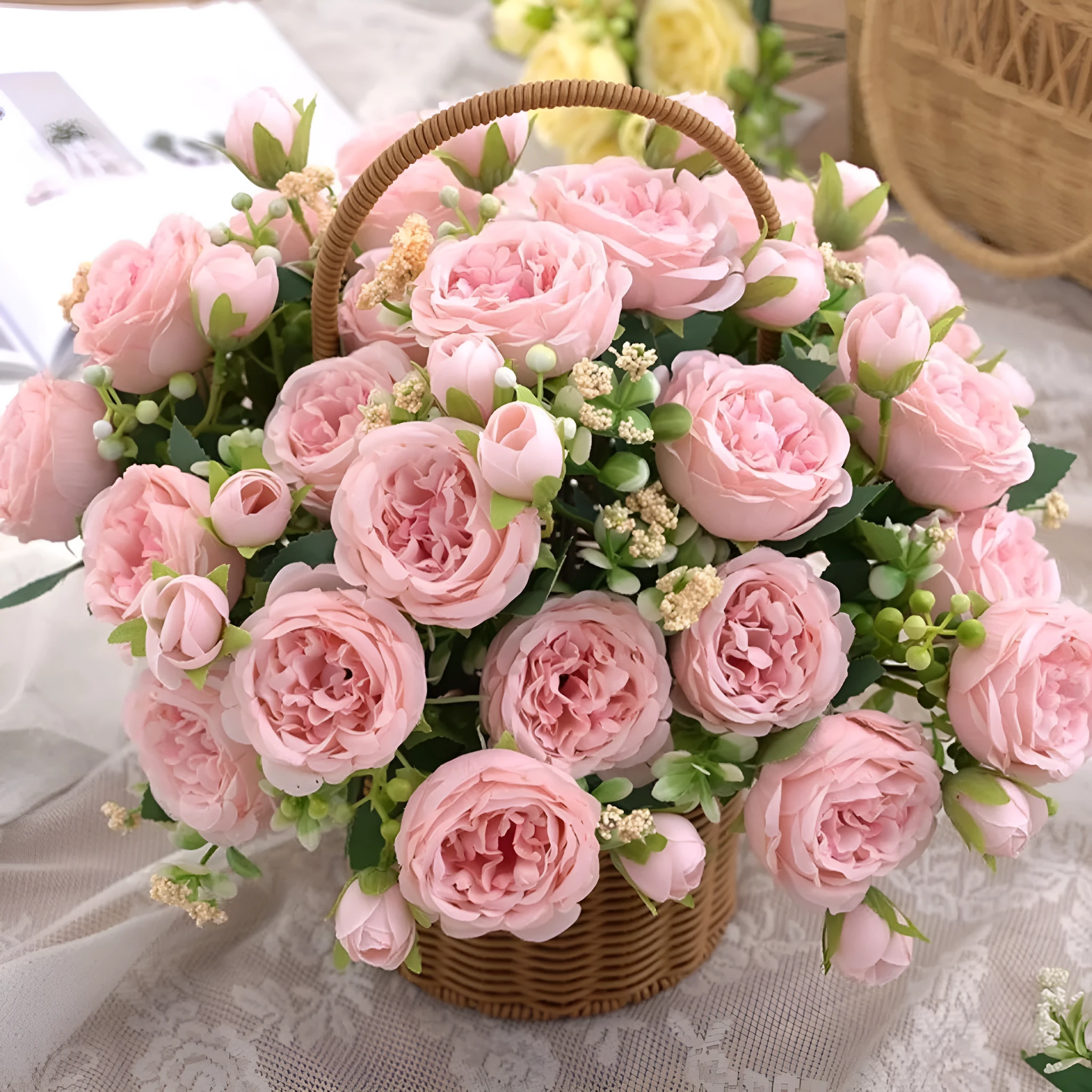 Fake rose bouquet wedding decoration artificial silk flowers pink beige champagne light blue rose red light pink light green pink heart plastic stems moulding process