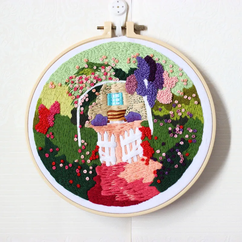Handmade embroidery material package with architectural landscape courtyard pattern on cotton cloth, 20cm kit