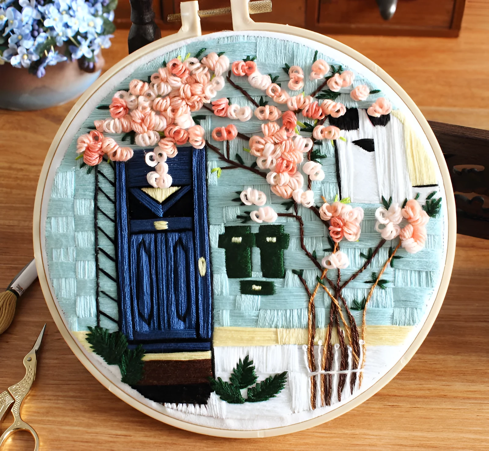 Handmade embroidery material package with architectural landscape courtyard pattern on cotton cloth, 20cm kit