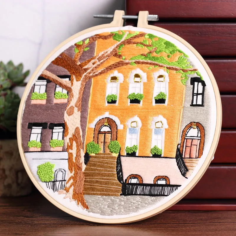 Handmade embroidery material package with architectural landscape courtyard pattern on cotton cloth, 20cm kit