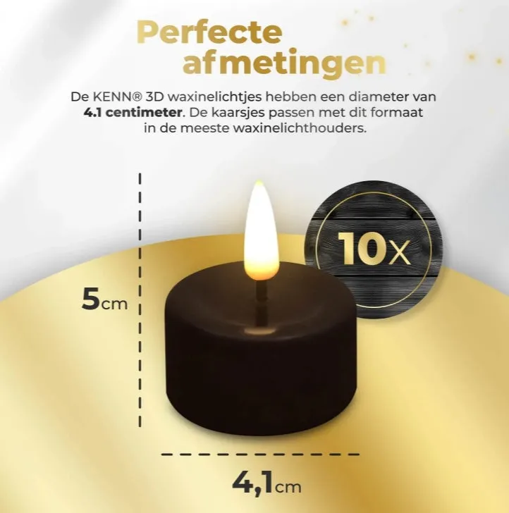 Set of four black S10 LED flameless tealight candles showing size and colour.