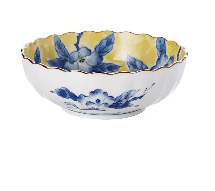 Huang Caishan ceramic tableware set with yellow floral underglaze pattern and round bowls