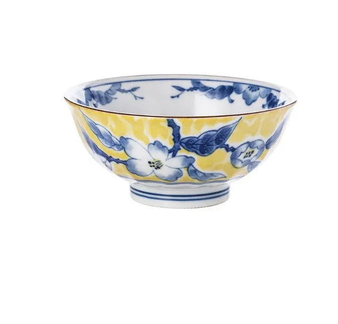 Huang Caishan ceramic tableware set with yellow floral underglaze pattern and round bowls