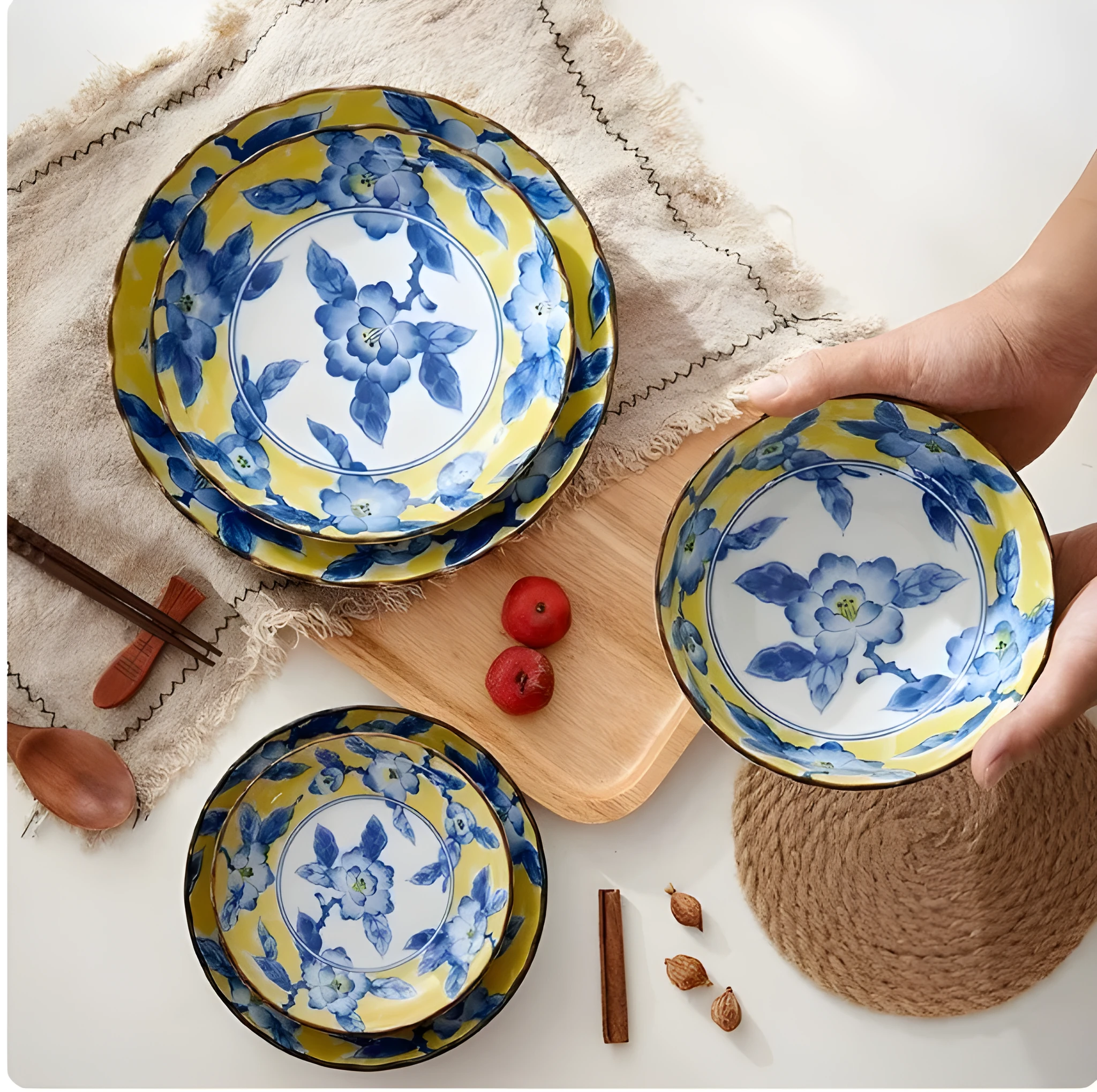 Huang Caishan ceramic tableware set with yellow floral underglaze pattern and round bowls