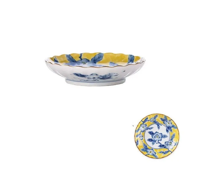 Huang Caishan ceramic tableware set with yellow floral underglaze pattern and round bowls