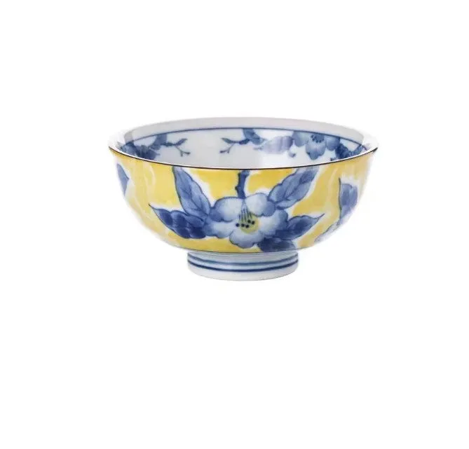 Huang Caishan ceramic tableware set with yellow floral underglaze pattern and round bowls